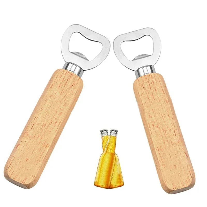 

Home Stainless Steel Beer Bottle Cap Opener Durable Wooden Handle Tool Bar Wine Corkscrew with Solid Wood Handle Restaurant