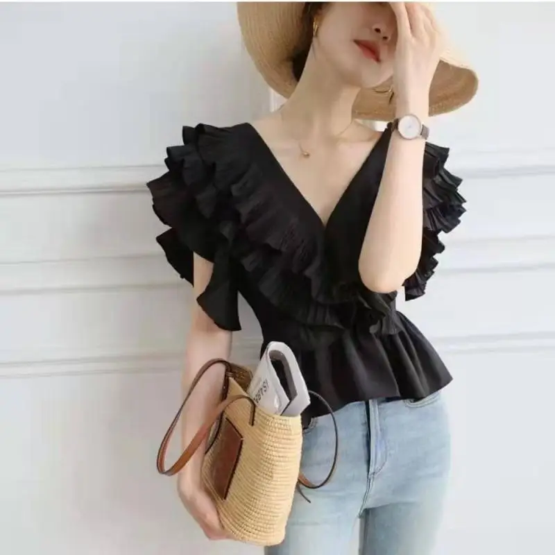 Женская Облегающая рубашка с V-образным вырезом красная плиссированная блузка