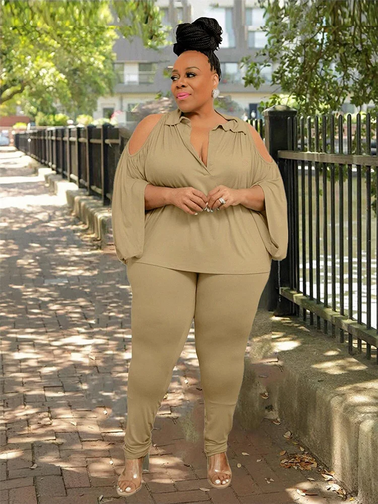 Plus Size 2 Piece Set Women Long Sleeve Off the Shoulder Top and Pants Set Tights Large Size Clothes Wholesal 3xl 4xl 5xl 6xl