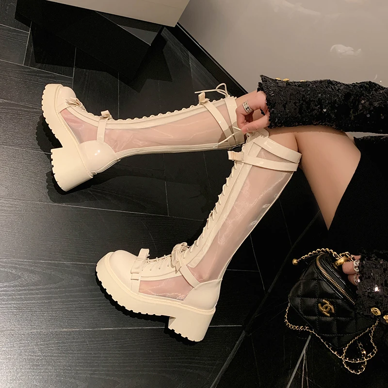 

2022 Women's knee-high boots natural leather 22-25cm cowhide+Mesh upper Breathable bow buckle summer nets boots platform boots