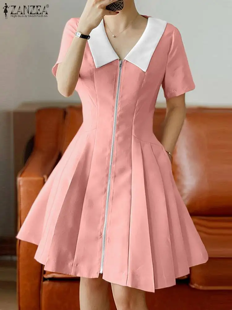 

ZANZEA Korean Fashion Turn Down Collar Vestido Pleated Color block Cinched Waist 2023 Summer Short Robes Zipper Women Mini Dress