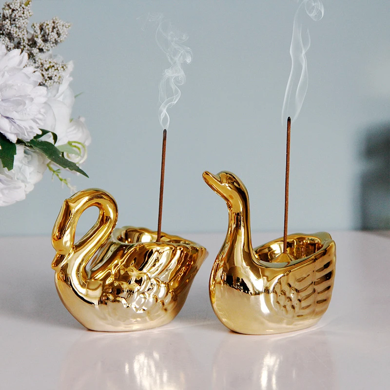 

2 PCS Ceramic Golden Incense Sticks Holder Burner Swan Shape Home Office Decoration Incense Holders Ornament