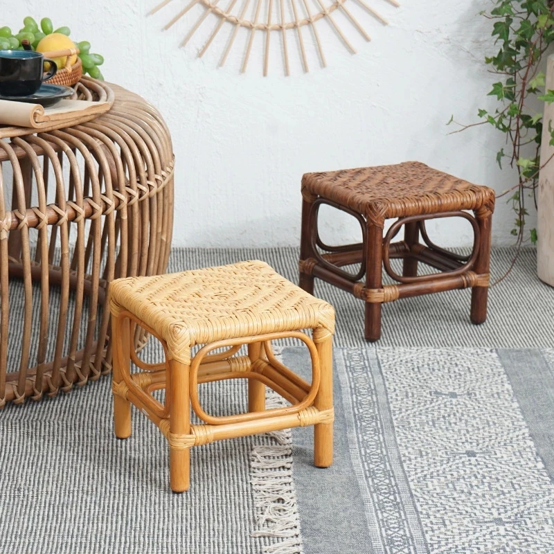 

Handwoven Rattan Stool Retro Pastoral Stool Simple Mobile Seat Outdoor Camping Chair Home Kitchen Furniture Chair