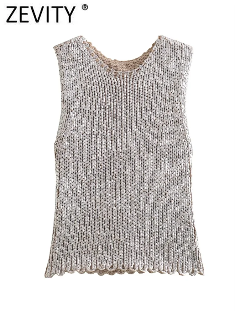 

Zevity Women Fashion O Neck Sleeveless Metallic Color Crochet Knitting Vest Sweater Female Chic Waistcoat Pullovers Tops SW5219