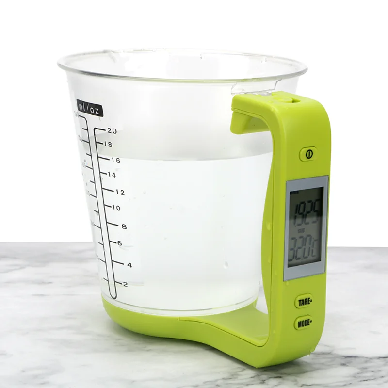 

Кухонные электронные мерные чашки 2 в 1, весы с ЖК-дисплеем, пластиковый цифровой мерный стакан, рабочая температура веса