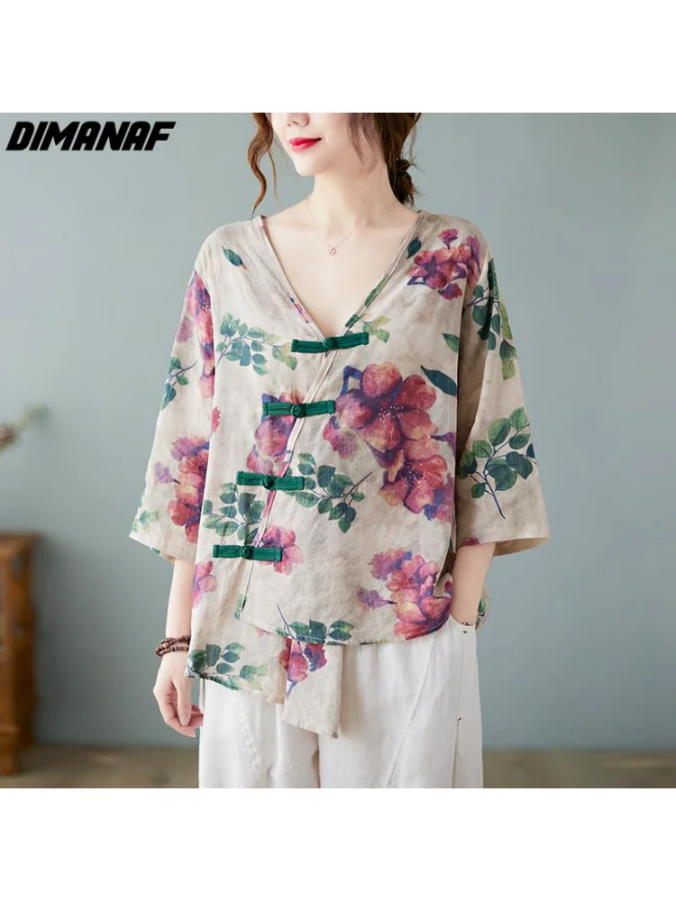 

DIMANAF Summer Women V-Neck T-Shirt Linen Tshirt Fashion Floral Patchwork Tops Tees Shirt Loose Casual Oversize
