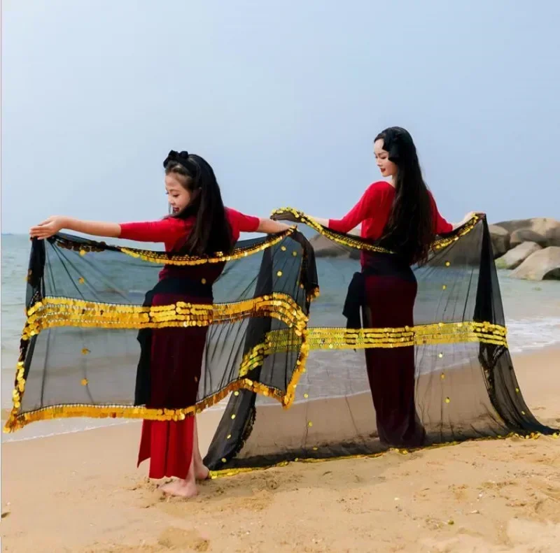 Кинутый шарф для девочек мама и я танец живота шаль Малайя вуаль с блестками