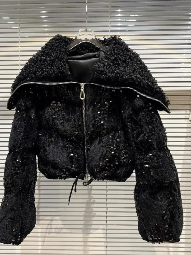 Woman Full Sequined Velvet Short Cotton Jacket 2022 Winter New Sailor Collar Fleece Sailor Collar Cotton Padded Coat Parka Mujer