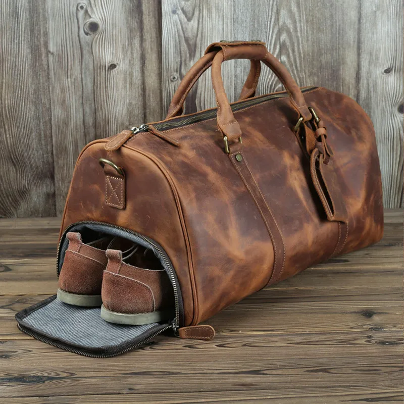 

2023 Luxury Pure Handmade Natural Crazy Horse Leather Men's Travel Bags With Shoe Case