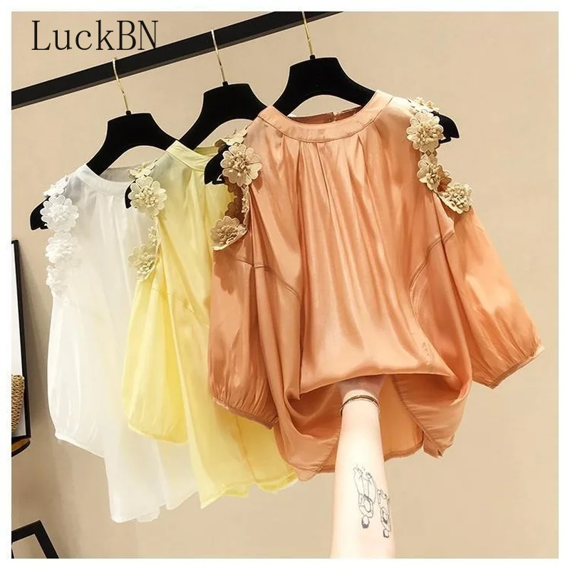 

Women Clothing Blouse Sexy Off Shoulder O-neck Solid Color Puff Sleeve Cold Shoulder Appliques Loose Tops Shirt Блузка Женская