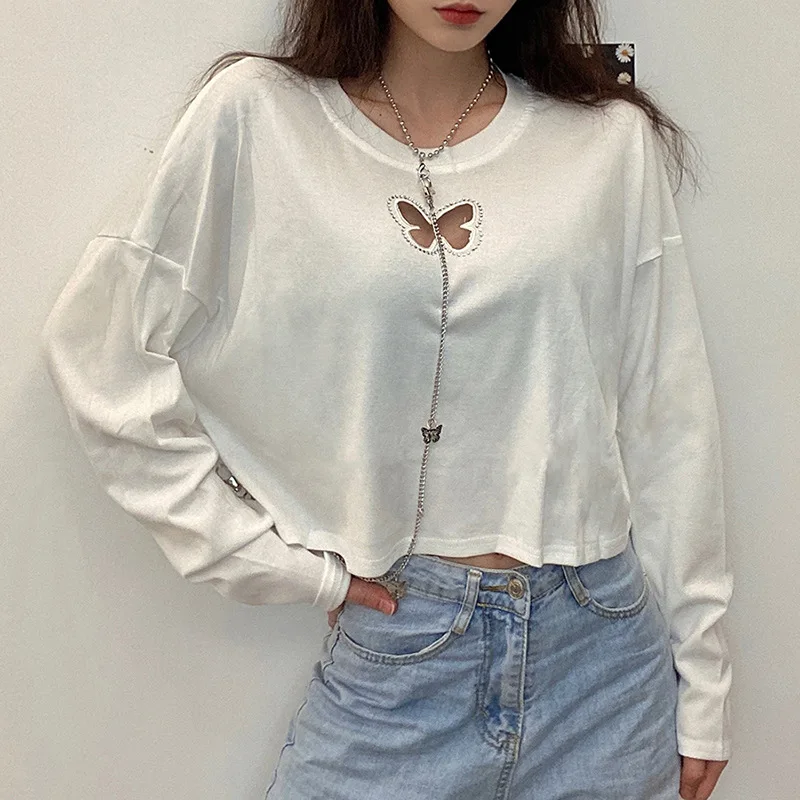 

Casual College Style Women Cotton Tops Fall Cut Out Hole T-shirt with Chic Chain Decoration 2021 New Whiter Loose Streetwear