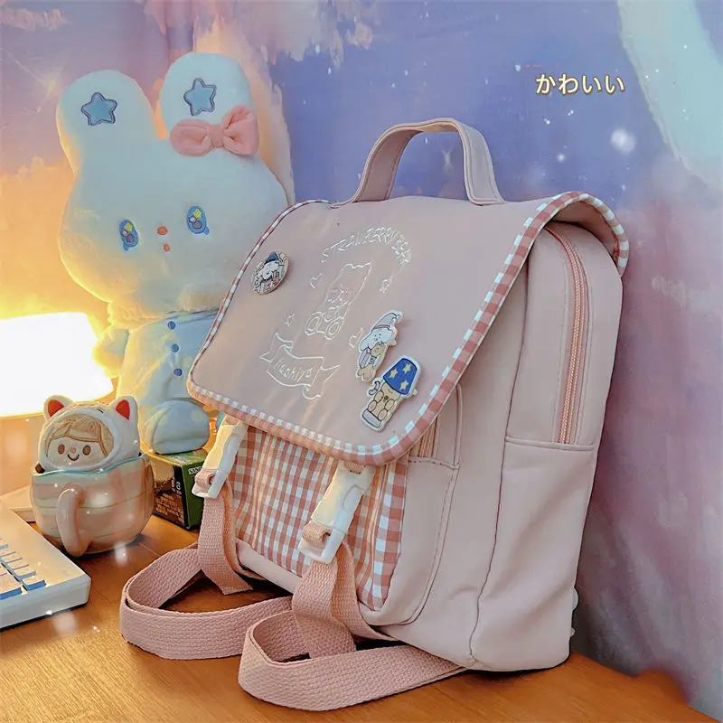 2023 Japanese Style JK Uniform Backpacks Kawaii Bear Embroidery Women Shoulder Bag 4 Colors Zipper Bag Female with Cartoon Badge