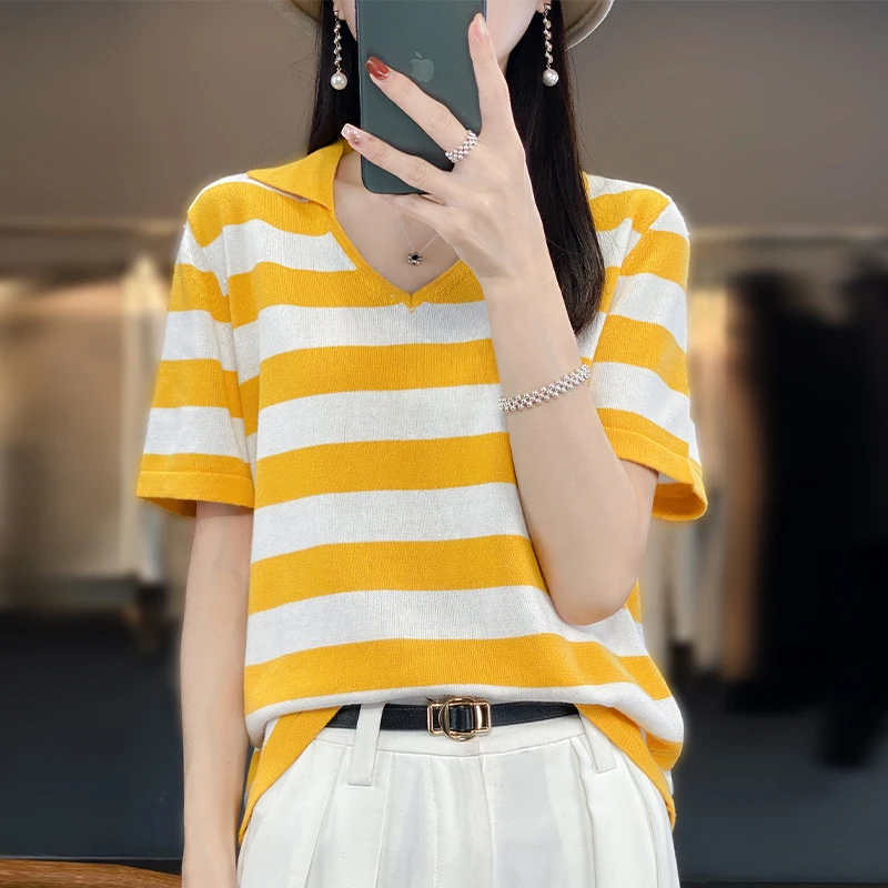 

100% Pure Cotton T-shirt Women's Summer New Knitted Short Sleeve Fashion Korean Striped Tank Top Loose New Product Pullover Top