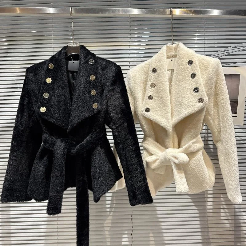 

【Absgd】2022 Winter New Collection Double Breasted Buttons Woolen Belt Slim Waist Blazer Caot Women Cotton Liner Jacket