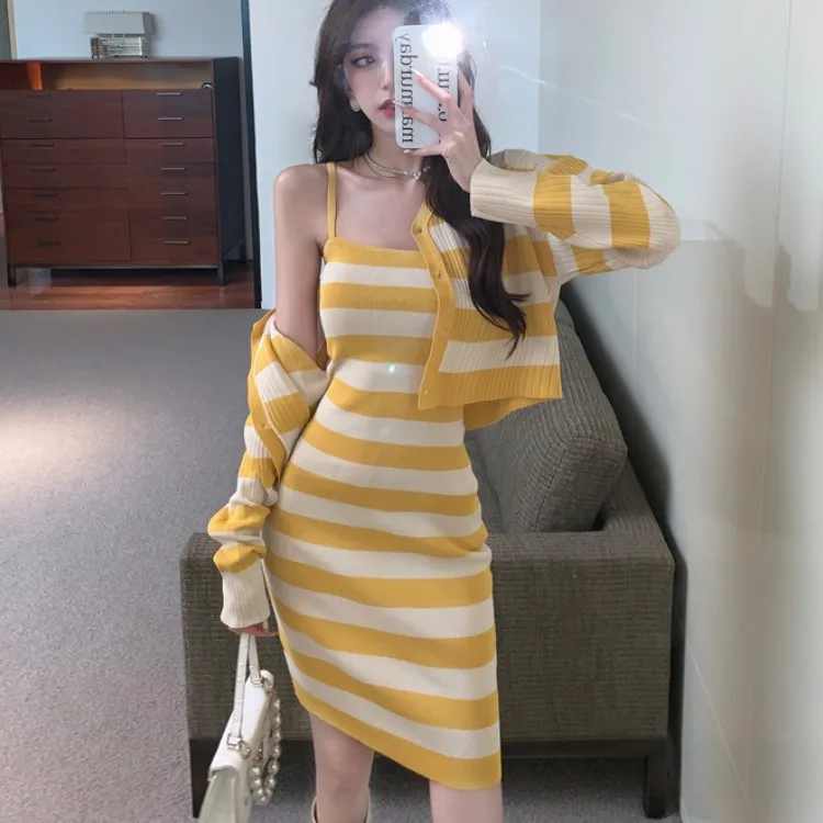 

Stripe Knitted Women Fashion 2 Piece Set 2022 Autumn Long Sleeve Cardigan Tops And Sexy Sheath Sling Dress Elegant Suit Female
