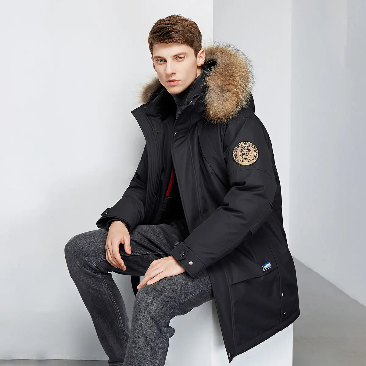 Men's down jacket Winter medium length large fur collar 2022 PI Overcome white eiderdown winter hooded coat