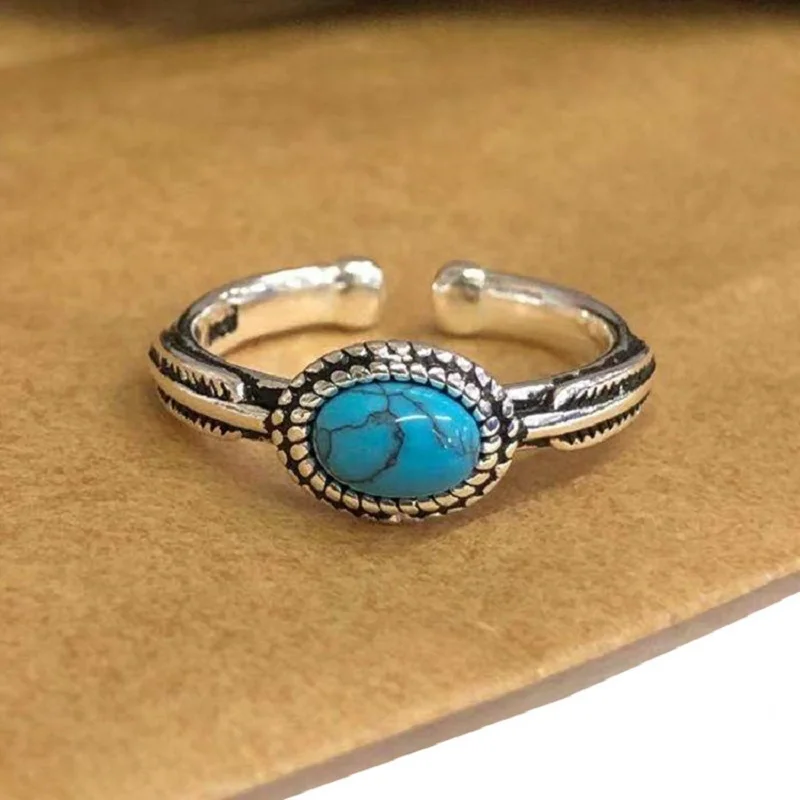 

TULX Vintage Antique Natural Stone Ring Fashion Jewelry Blue Turquoises Finger Ring For Women Wedding Anniversary Rings
