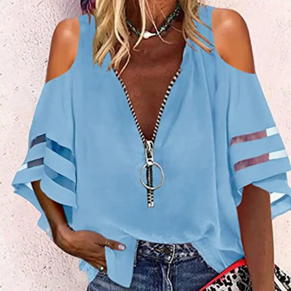 

Женская блузка на молнии с V-образным вырезом и расклешенными рукавами, сетчатая Лоскутная Свободная рубашка с открытыми плечами, топ, женск...