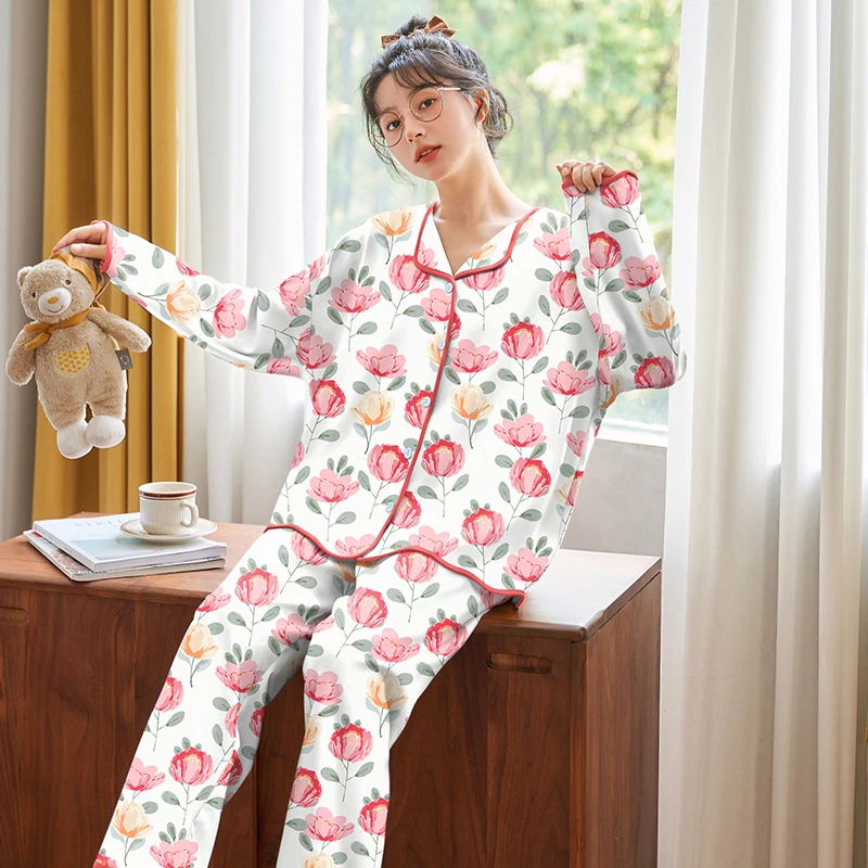 CAIYIER Cute Rabbit Print Pijamas Mujur Soft Long Sleeve Trousers Sleepwear Suit Feamle Korean Autumn Winter Leisure Home Clothe