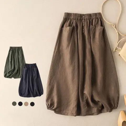 Women Skirt High-Waist Elastic Casual Skirt Waistband Retro Skirt Pockets Buttons Large Hem Midi Skirt Women A Line Skirt