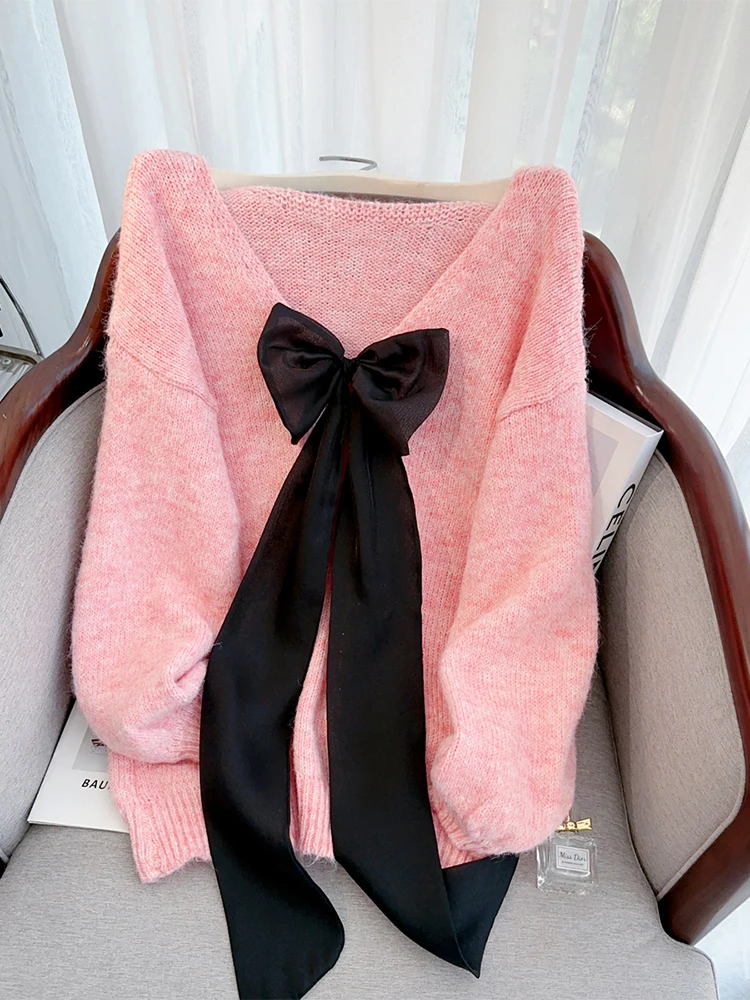 Женский пуловер с розовым бантом свитер в стиле Харадзюку свитера большого
