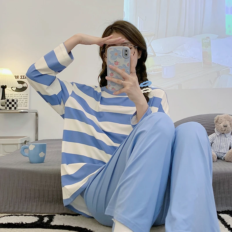 CAIYIER 2023 Korean Stripe Cute Nightwear O-Neck Long Sleeve Pants Sleepwear Suit Sweet Clothes For Women Lingerie Loungewear