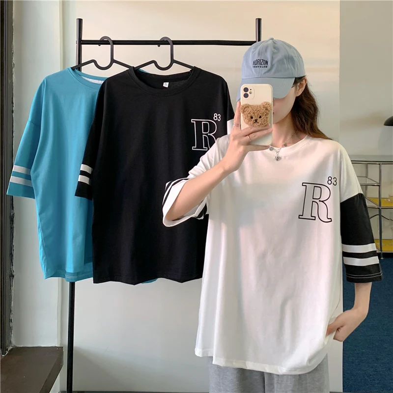 

Женская футболка с коротким рукавом, черная или белая Свободная Повседневная футболка с принтом букв в Корейском стиле Харадзюку, 2022 хлопок