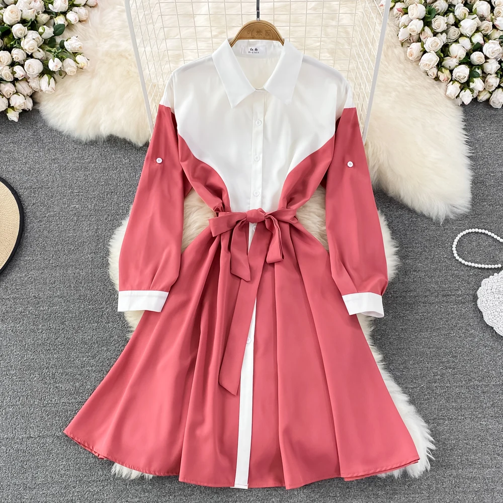 

SuperAen 2022 Retro Summer Contrast Color Waist Slimming Full Single-breasted A-line Dress for Women