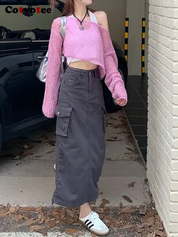 Cotvotee Cargo Denim Skirt for Women 2022 New Fashion High Waist Folds Mid Calf A Line Skirts Vintage Streetwear Loose Y2k Skirt