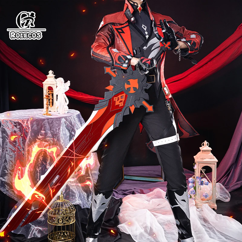 

ROLECOS Game Genshin Impact Diluc Dark Red New Skin Cosplay Costume Men Women Costume Diluc Uniform Halloween Party Outfit