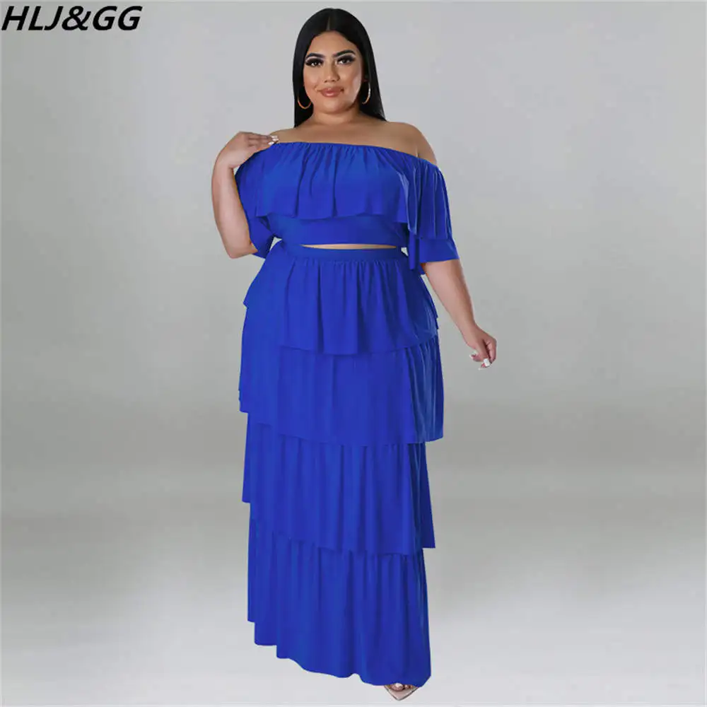 HLJ&GG Sexy Off Shoulder Ruffles Two Piece Sets Plus Size Women Clothing XL-5XL Casual Short Sleeve Crop Top And Skirts Outfits