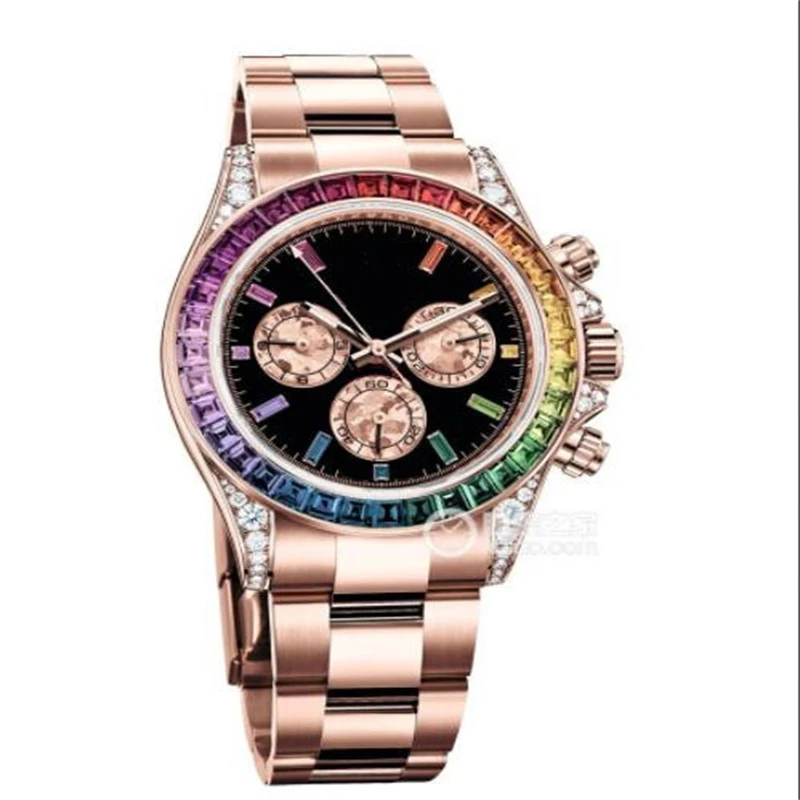 

Luxury Watch Mens 40mm Solid Stainless Steel Rose Gold Rainbow Bezel Steel Bracelet Automatic Fashion Men Wristwatches