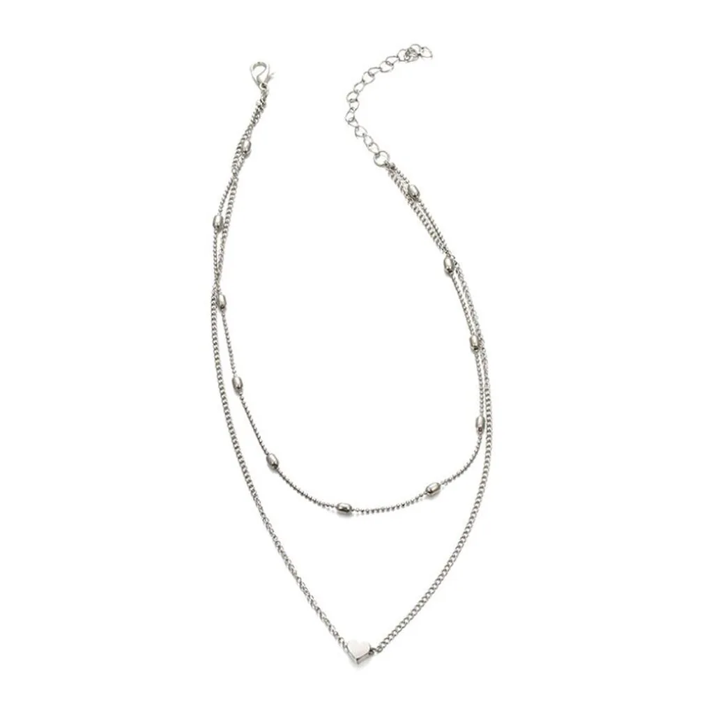 

Necklace Double-layer Heart Shaped Pendant Alloy Brief Neck Chain for Women Jewelry Gift, Silver