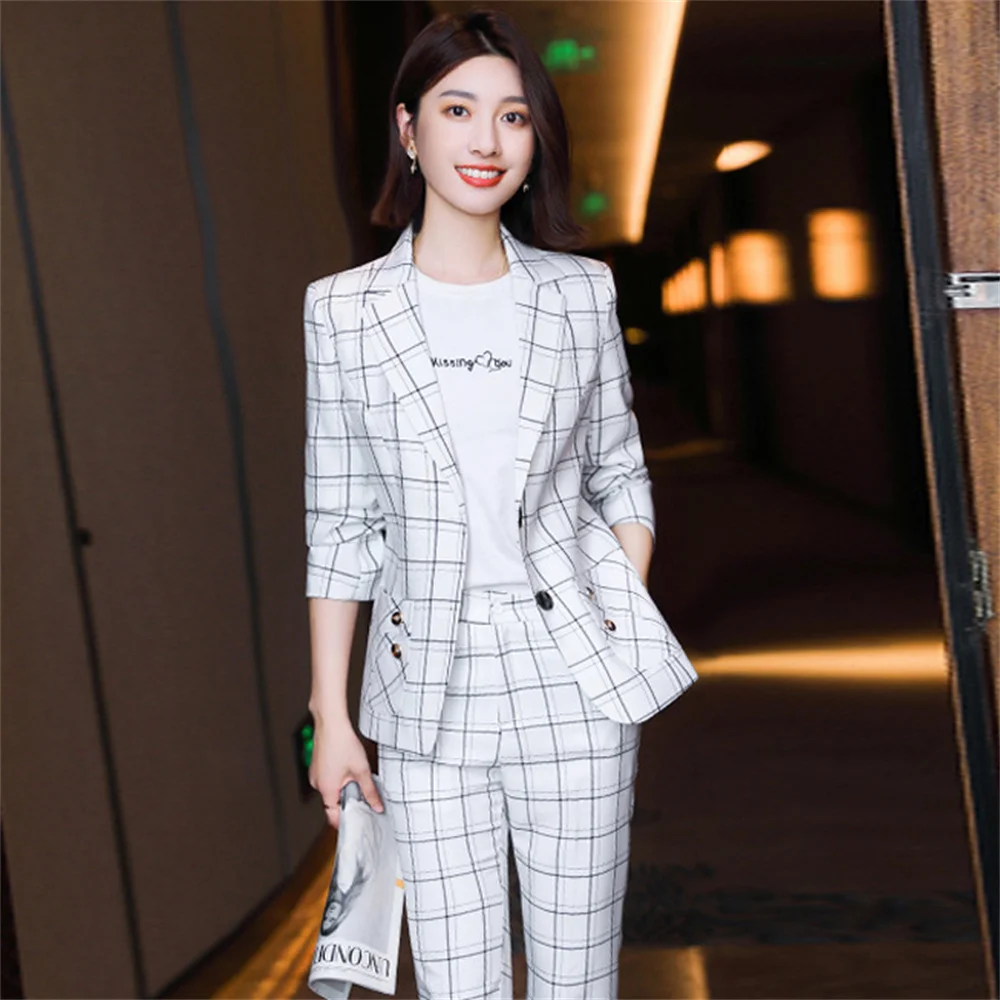 Chic Plaid Women's Formal Pants Set 2023 New in Female Casual Business 2 Piece Set Elegant Office Lady Blazer Suit with Trousers