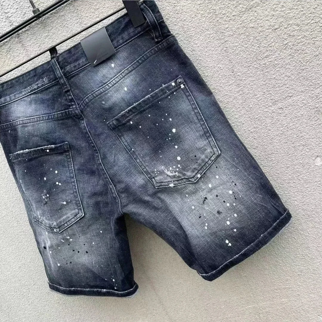 Мужские рваные джинсовые шорты с брызгами в обтяжку