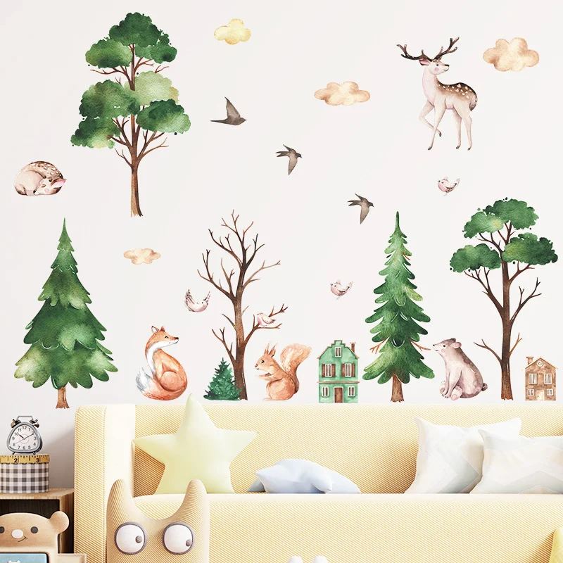 

Cartoon Painted Pine Cypress Wall Sticker Lovely Bird Elk And Fox Forest Home Wall Decoration Innocent Children's Room Decor