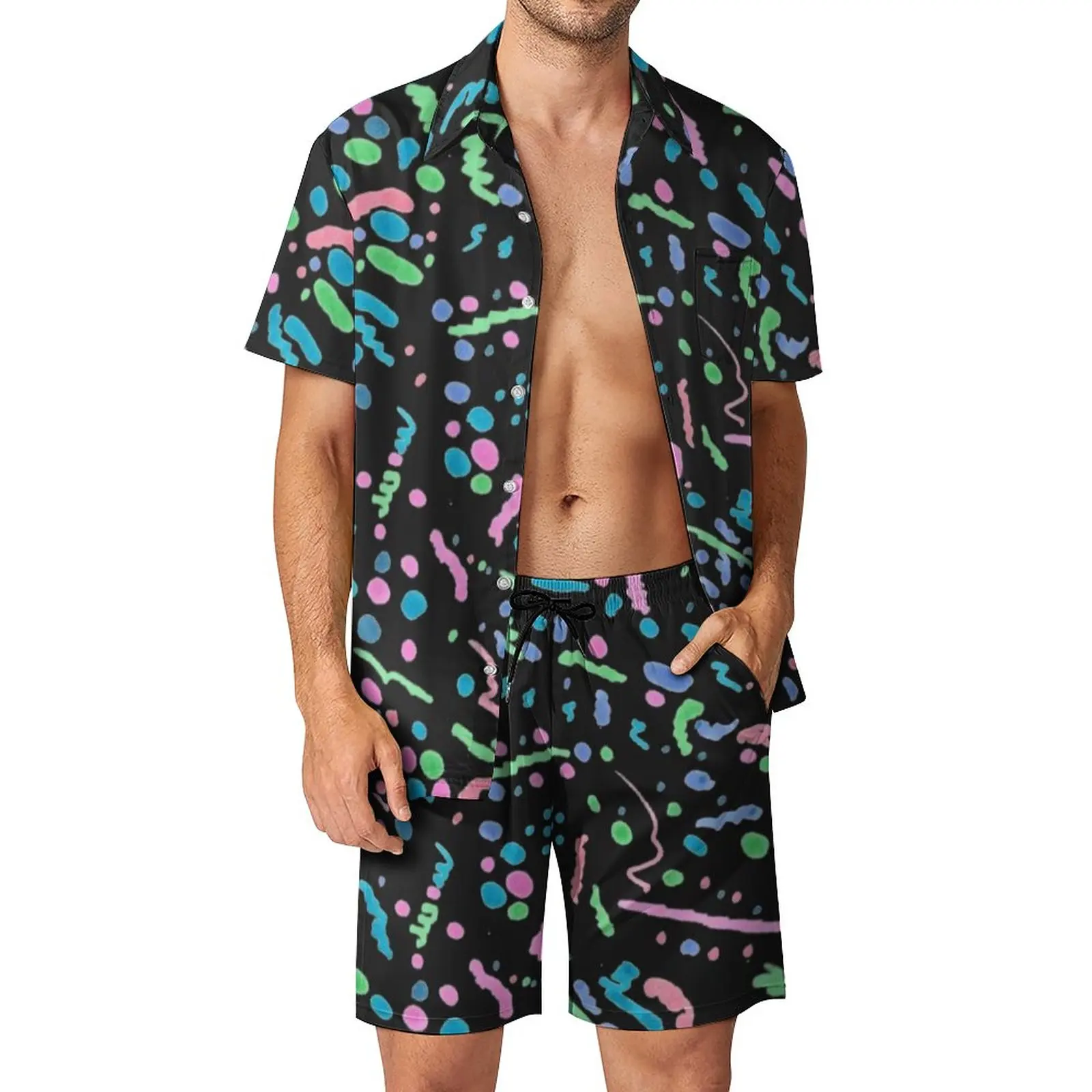 

Vintage 80S Vacation Men Sets Funky Splatter Graffiti Casual Shirt Set Summer Design Shorts Two-piece Fashion Suit Plus Size