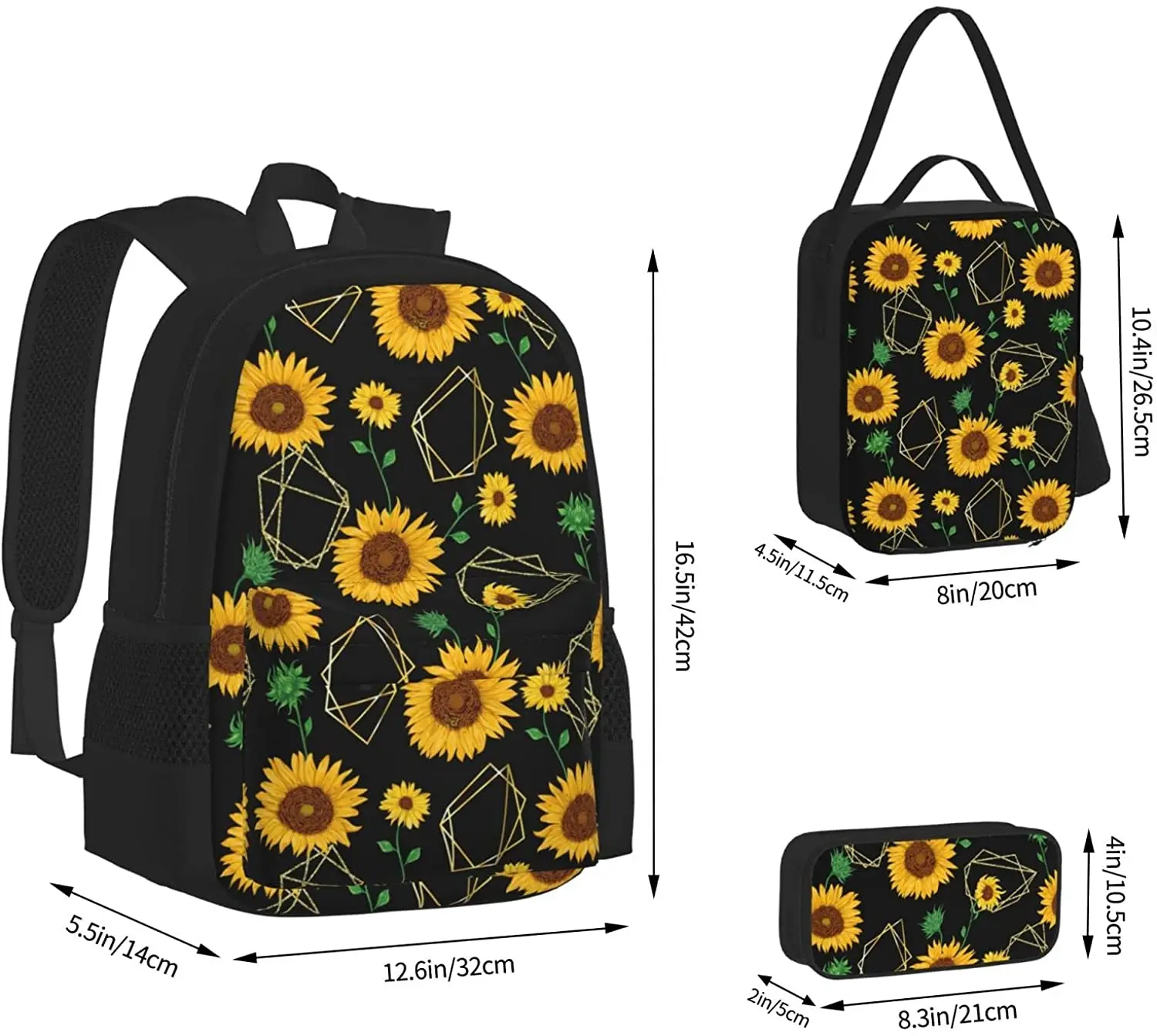 3Pcs Sunflower Flower Backpack Set with Lunch Box Pencil Case, School Book Bag for Preschool Kindergarten Elementary Kids