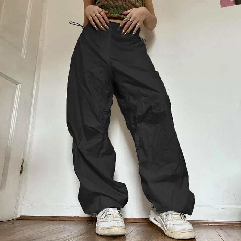 

Women Solid Button Hippie Streetwear Baggy Trousers Casual Wide Leg Cargo Pants Vintage Low Waist Drawstring Joggers Tech Pants