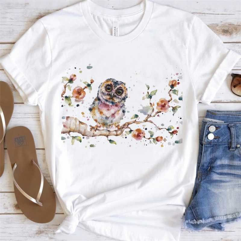 

Women Short Sleeve Printing Watercolor Cute Owl Ladies Flower 90s Fashion Clothes Print Tshirt Female Tee Top Graphic T-shirt