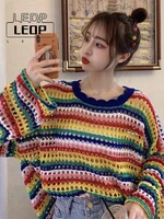 ledp korean fashion rainbow striped sweater women harajuku hollow pullover sweet girl loose sunscreen top street sweater women