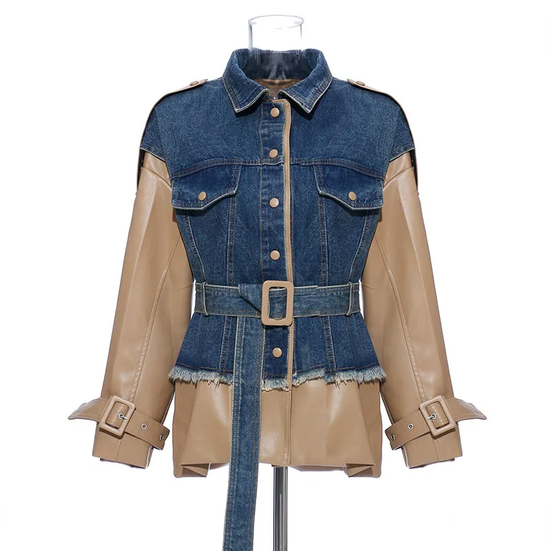 Enlarge Autumn and Winter Ladies Coat Personality Stitching Washed Denim Stitching Leather Jacket Jacket Coat Windbreaker Leather Jacket
