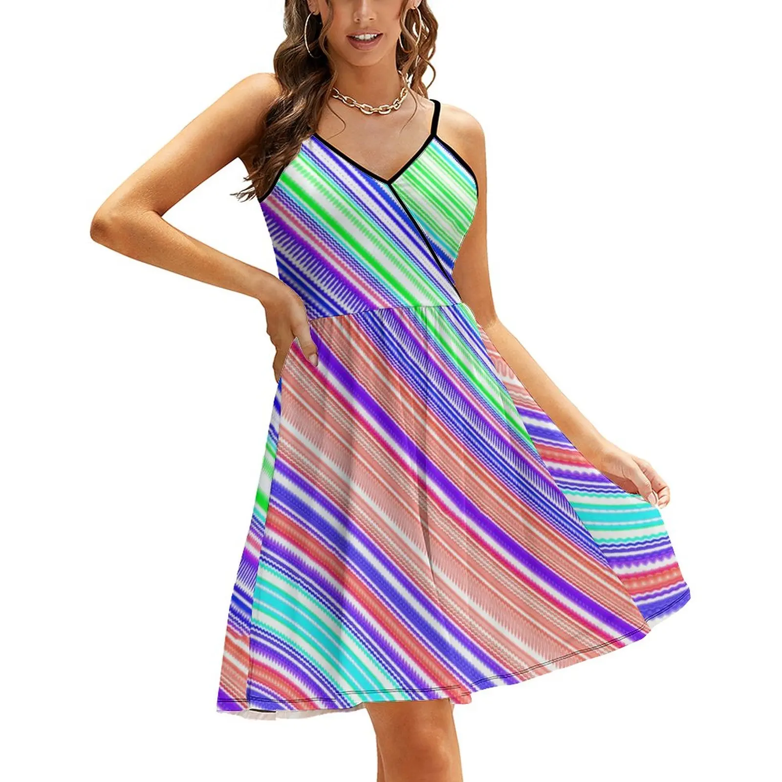 

Curve Print Dress Colorful Stripes Cute Dresses Women Streetwear Casual Dress Off Shoulder Printed Oversize Vestido