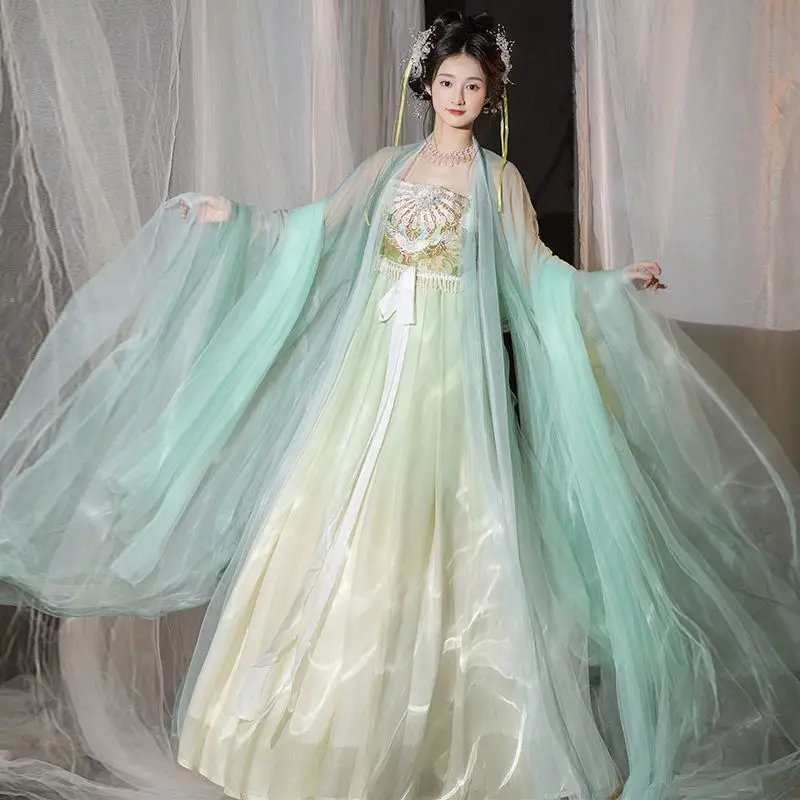 

Женское платье Hanfu в старинном китайском стиле, женское летнее танцевальное платье, праздничный наряд Hanfu желтого цвета для женщин