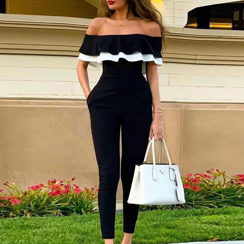 Office Ladies New Colorblock Ruffles Bodycon Slim Fit Black Jumpsuits Off Shoulder Jumpsuit 2021 Summer Women Skinny Streetwear