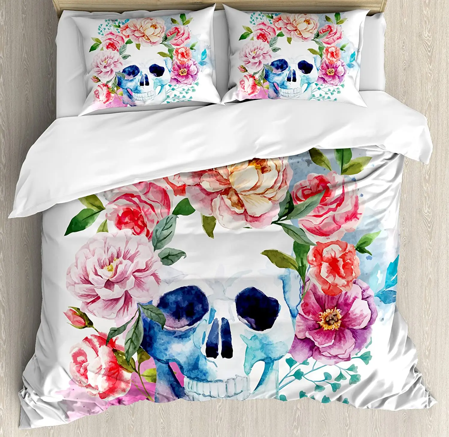 

Skull Bedding Set Comforter Duvet Cover Pillow Shams Funny Skull with Colorful Floral Head Victoria Bedding Cover Double Bed Set