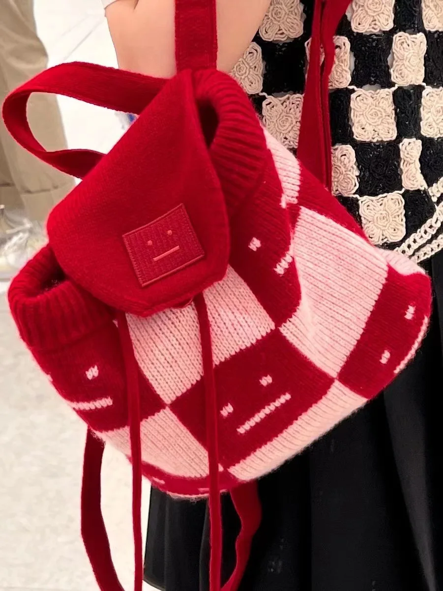 

Fashion Classic Trendy Luxury Designer Women Smiling Face AC Chessboard Knit Wool Backpack Bag