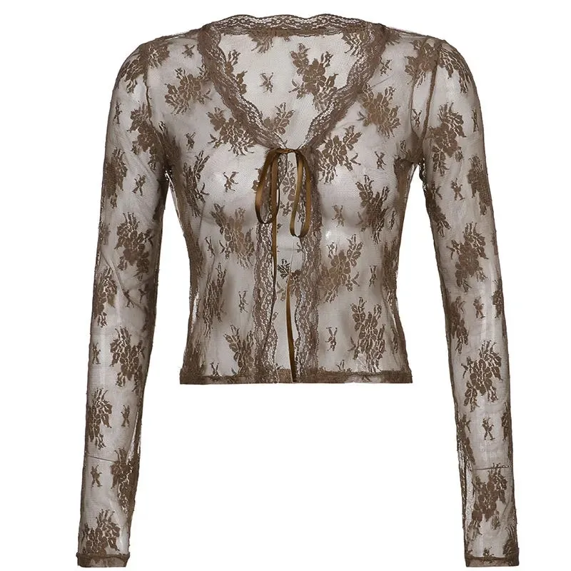 

Summer Sunscreen Shawl Women 2023 New Thin Fashion Short Tops Breathable Cardigan Coat V-neck Long Sleeve Lace Blouse Female