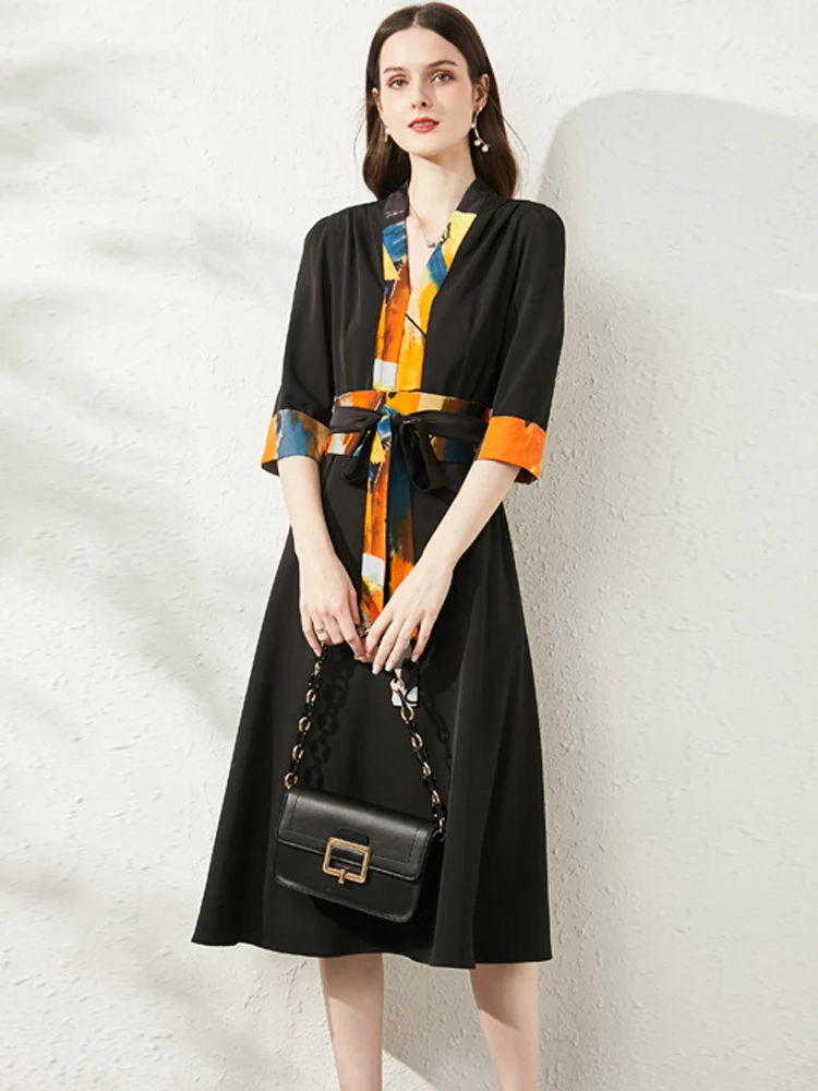 

Micosoni Spring 2022 Women's Knee-Length Office Lady Polyester Vestidos Elegantes Para V-Neck Three Quarter Patchwork Plus Size
