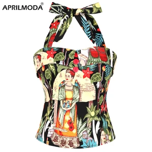 2022 женские рубашки ретро Винтаж 50s 60s цветочный принт без рукавов Холтер тонкие блузки Модные женские рокабилли Pin Up Топы